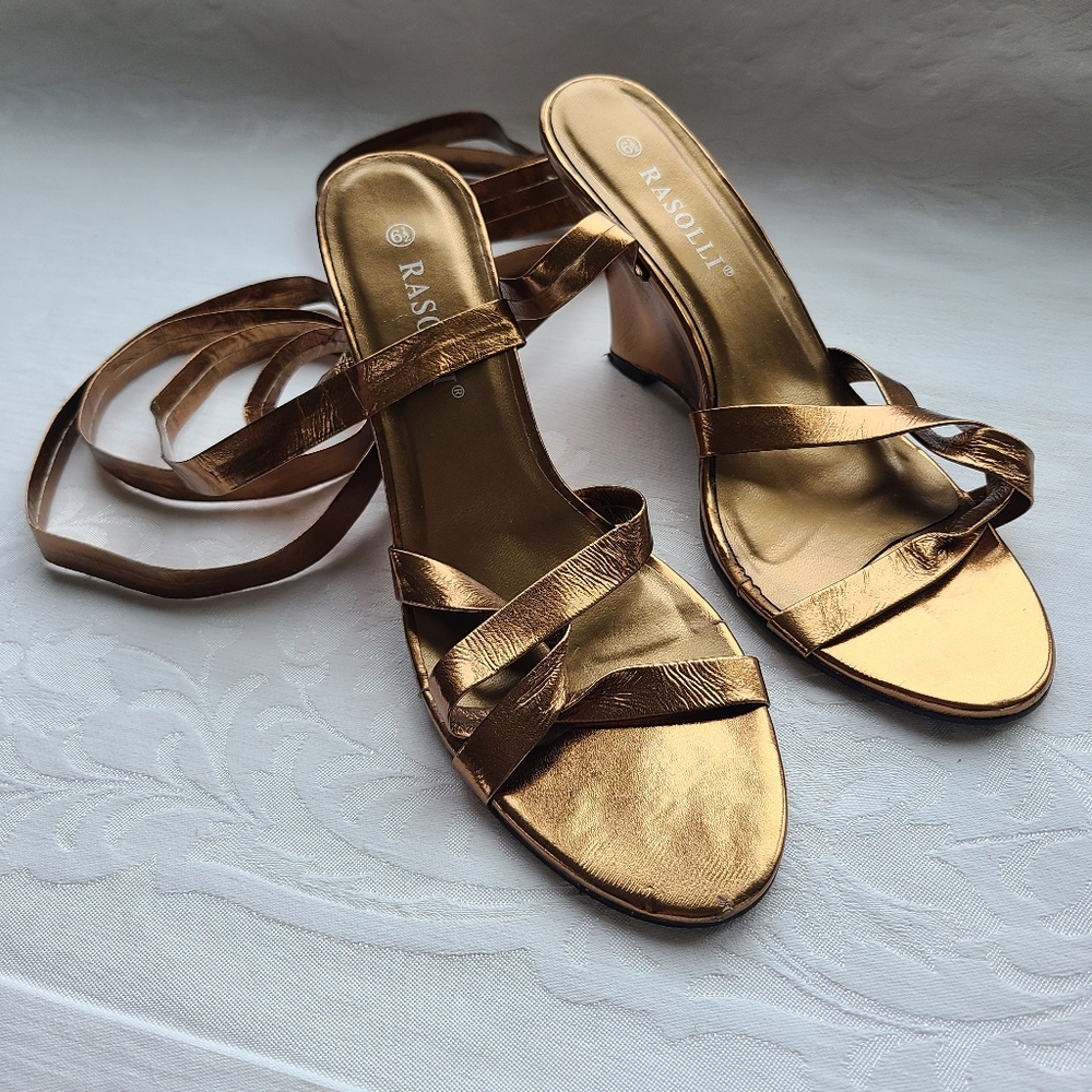 Lace Up Bronze Metallic Goddess Sandal Wedges
